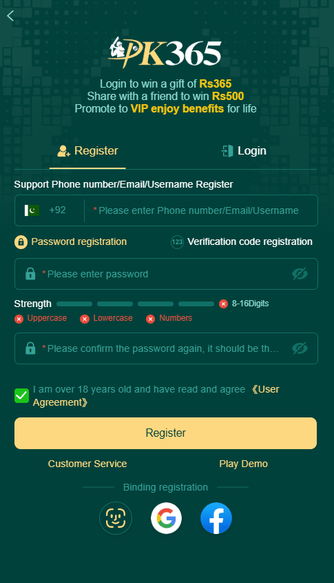 login and regester process of pk365 game